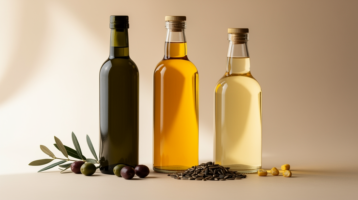Tre oljflaskor: mörk olivolja, gyllene solrosolja och majsolja jämförda