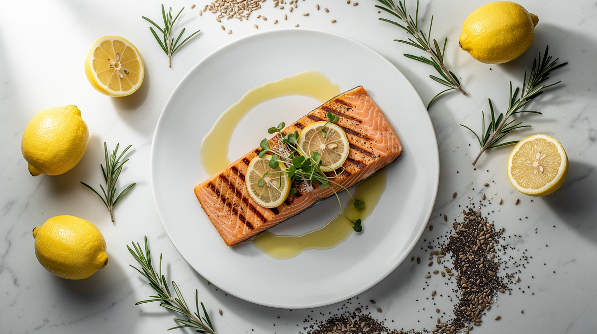 Grillad laxfilé på tallrik med citron, örter och hälsosamma ingredienser omkring.