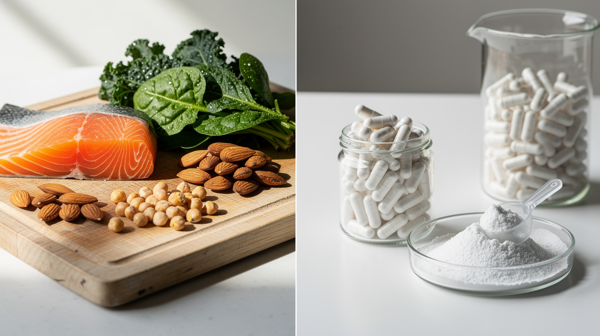 Proteinrika livsmedel som naturligt innehaller L-arginin, bland annat kyckling, fisk, notter och baljvaxter