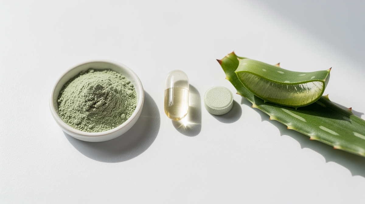 Färsk aloe vera-blad uppskuret med synlig klar innergelé på ljus träyta