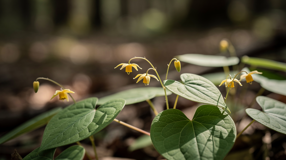 Epimedium-växt med hjärtformade blad och gula blommor i naturlig skugga