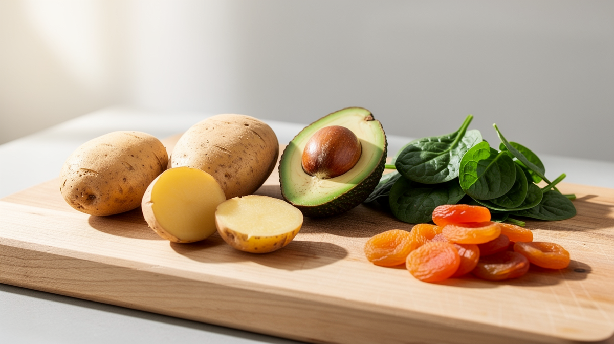 Kaliumrika livsmedel som potatis, avokado, spenat och torkade aprikoser på en träskiva