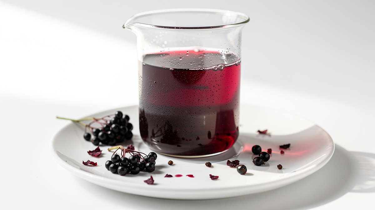 Glas med mörklila fläderbärssaft bredvid kokta fläderbär