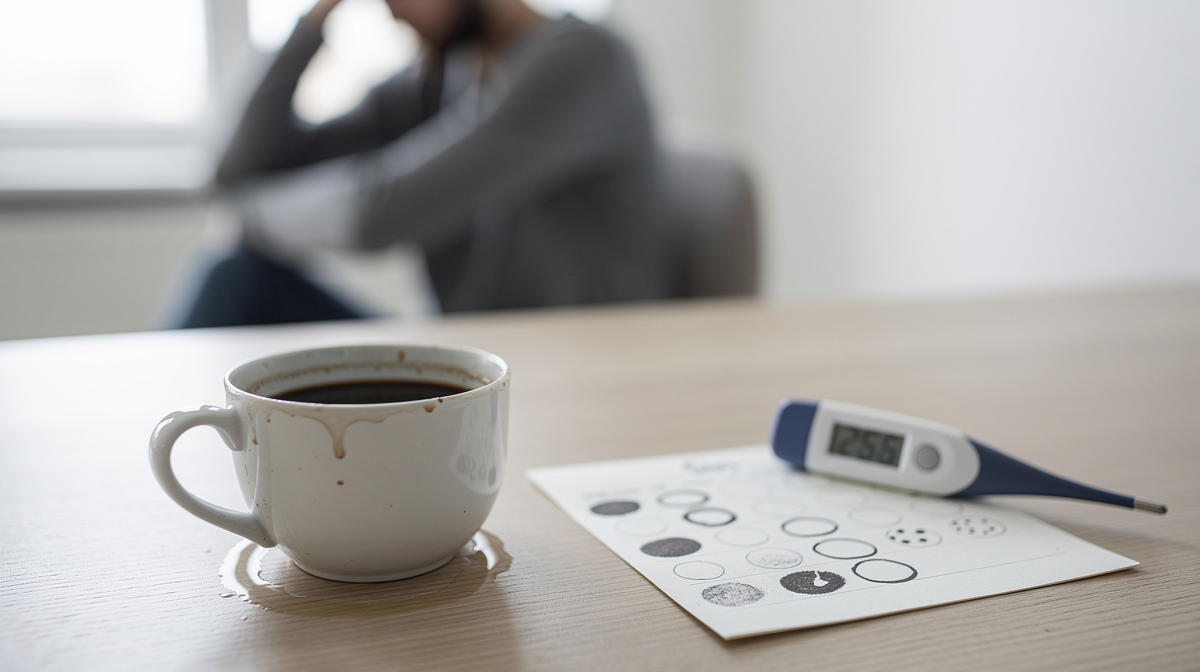 En nybryggd kopp svart kaffe på ett träbord med spridda kaffebönor i morgonljus