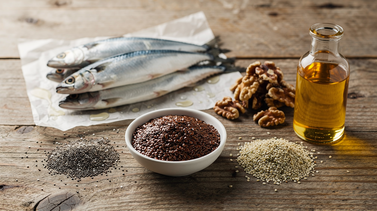 Vitaminrika livsmedel som citrusfrukter, paprika, bladgrönt, nötter och fet fisk upplagda på ett bord