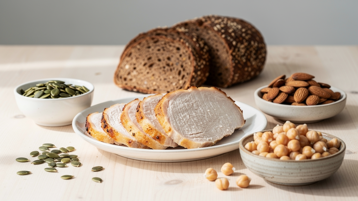 Naturliga proteinkällor med aminosyror: lax, ägg, linser och tofu på linneduk
