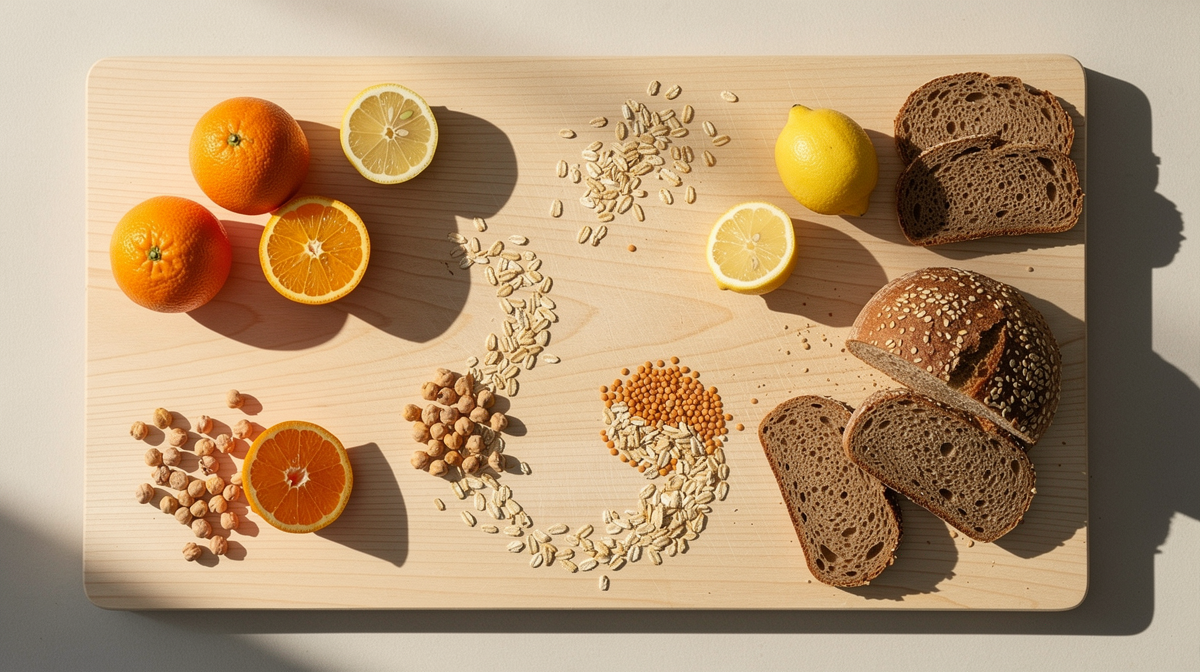 Citrusfrukter, bönor och havre på en ljus träyta, naturliga källor till inositol