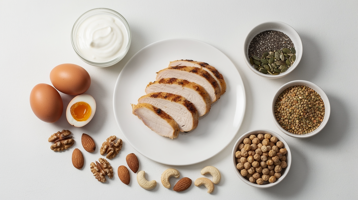 Proteinrika livsmedel som kyckling, ägg, nötter och bönor på vit bakgrund