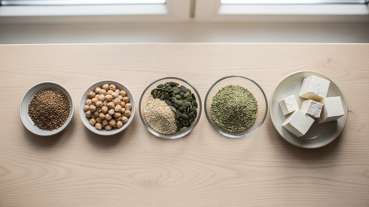 Vegetabiliska källor: linser, kikärtor, quinoa och frön i skålar