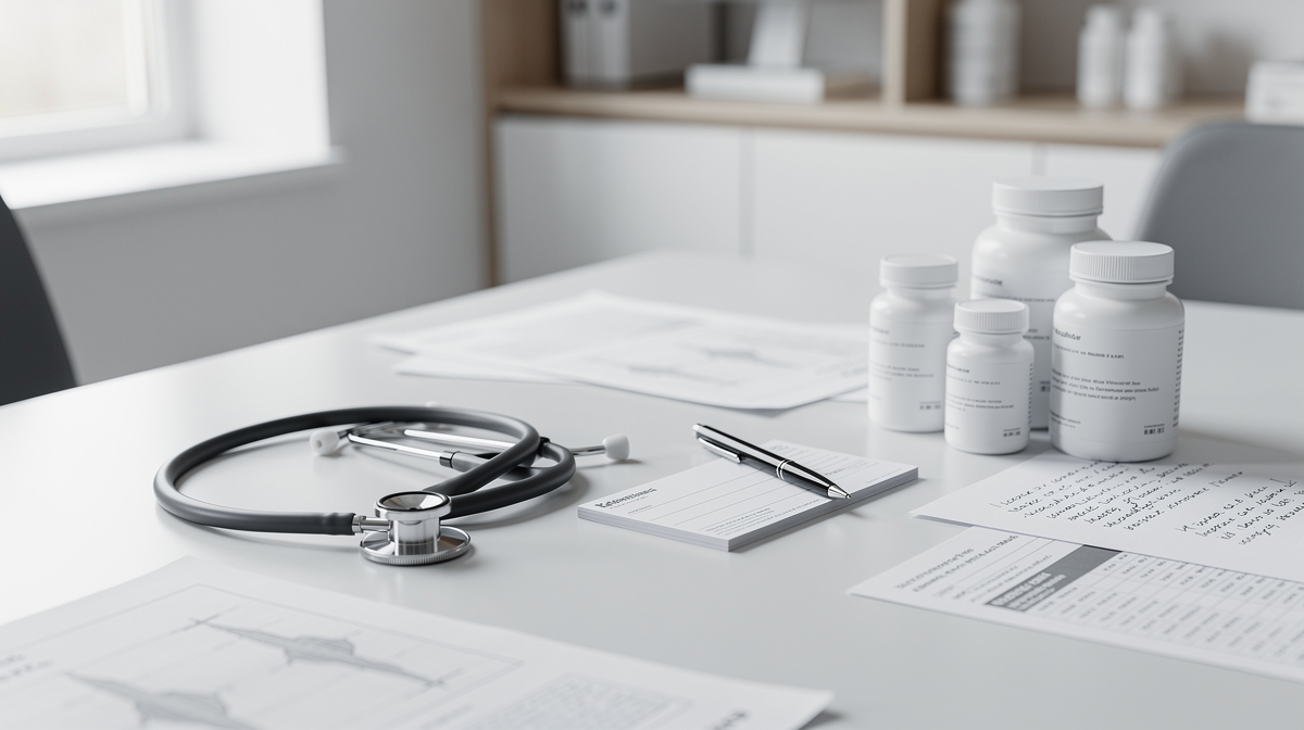 Läkarbord med stetoskop, medicinska anteckningar och kosttillskott