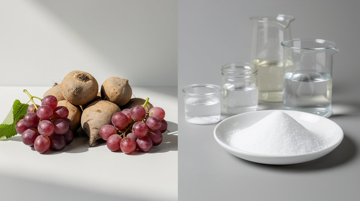 Vitt finkornigt druvsocker (dextros) hälls från en träsked på en ljus yta