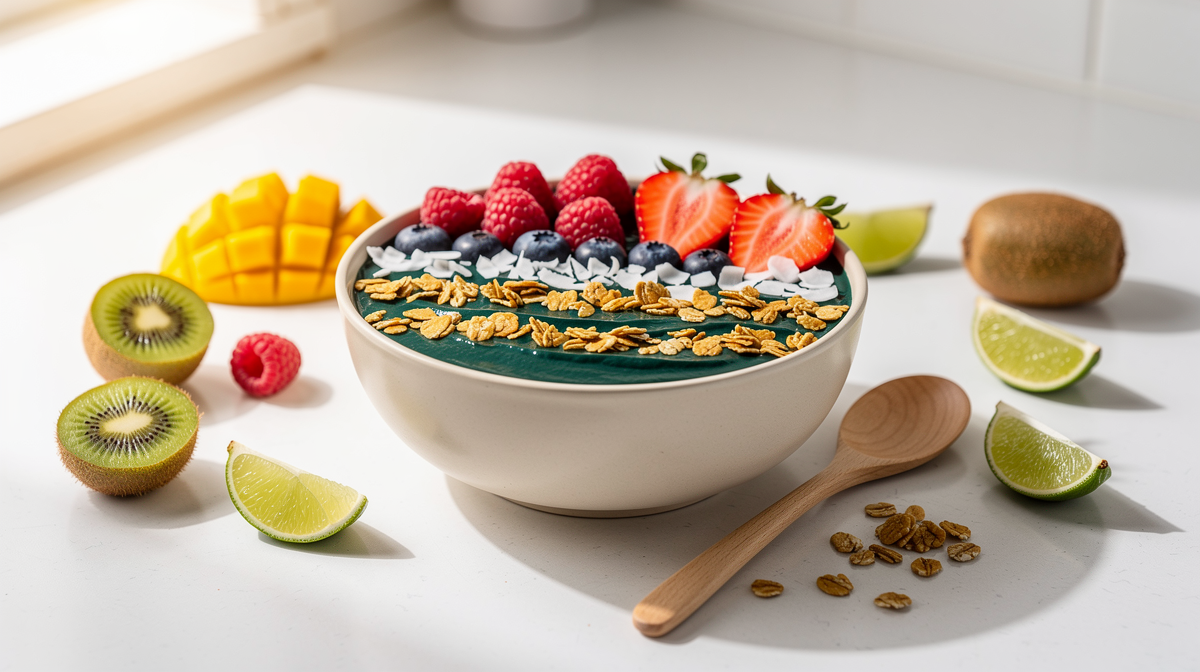 Skål med blågrönt spirulinapulver på ljust träbord