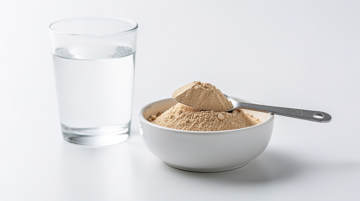 Guaranapulver i skål bredvid ett glas vatten