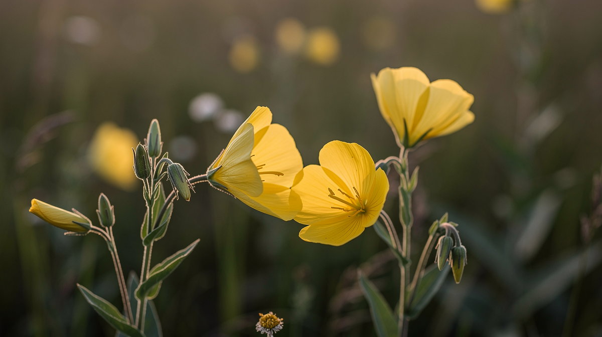 Gula nattljusblommor i mjukt kvällsljus