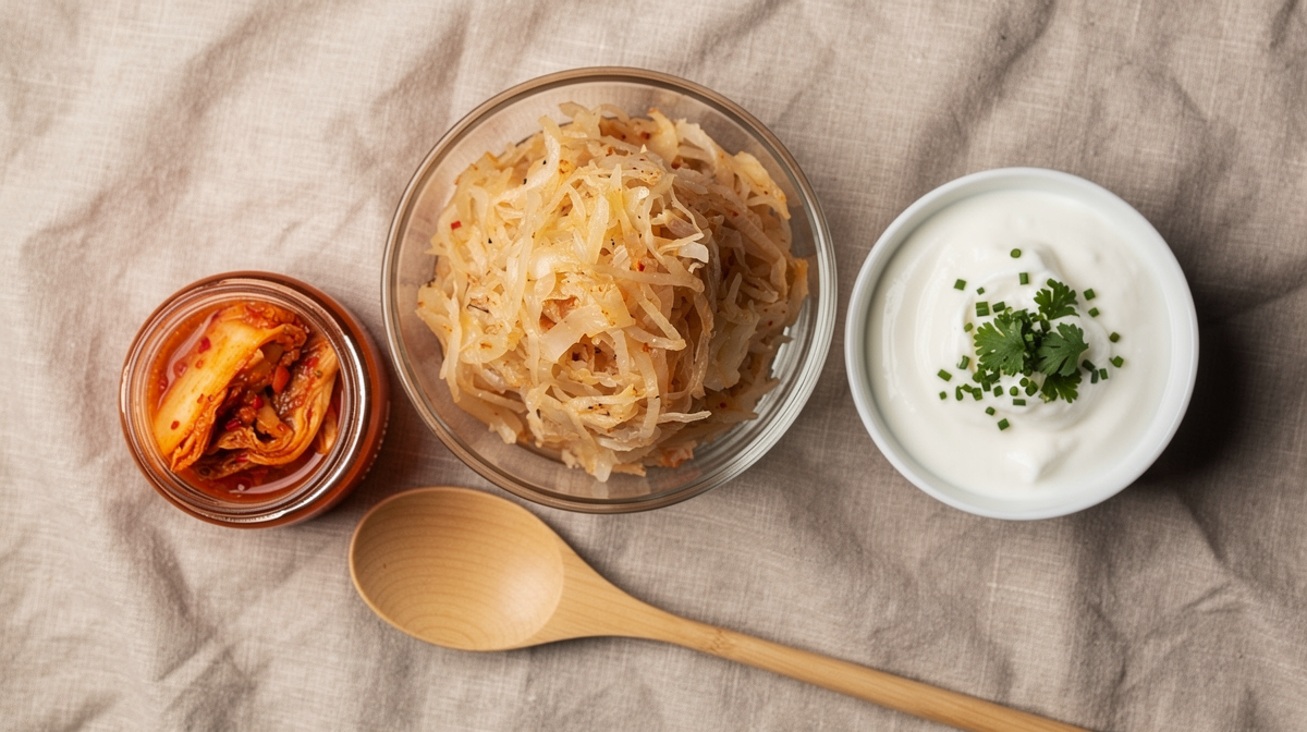 Skål med fermenterad mat och yoghurt med färska örter