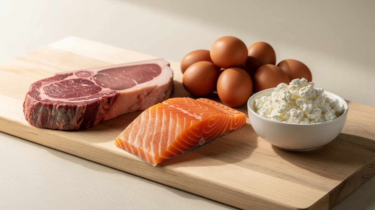 Proteinrika livsmedel som nötkött, lax, ägg och cottage cheese på träbräda