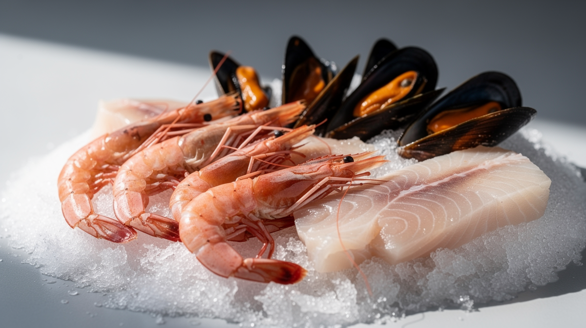 Färsk fisk och skaldjur på is - naturliga källor till taurin