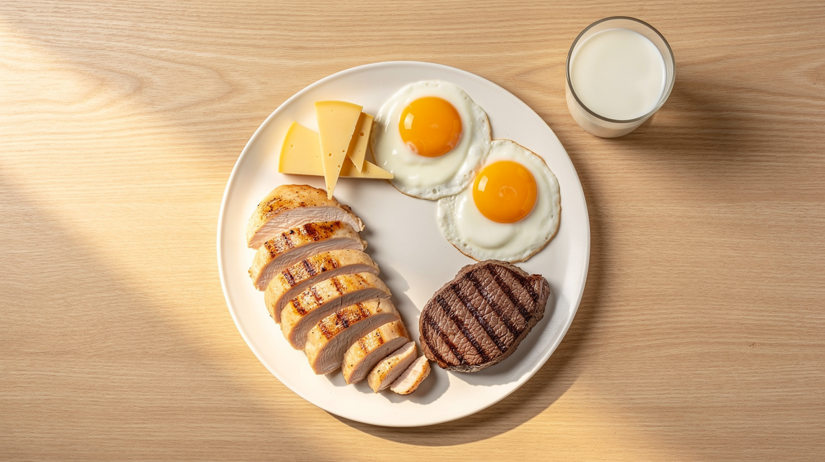 Olika proteinrika livsmedel: kött, ägg och mejeriprodukter innehåller taurin