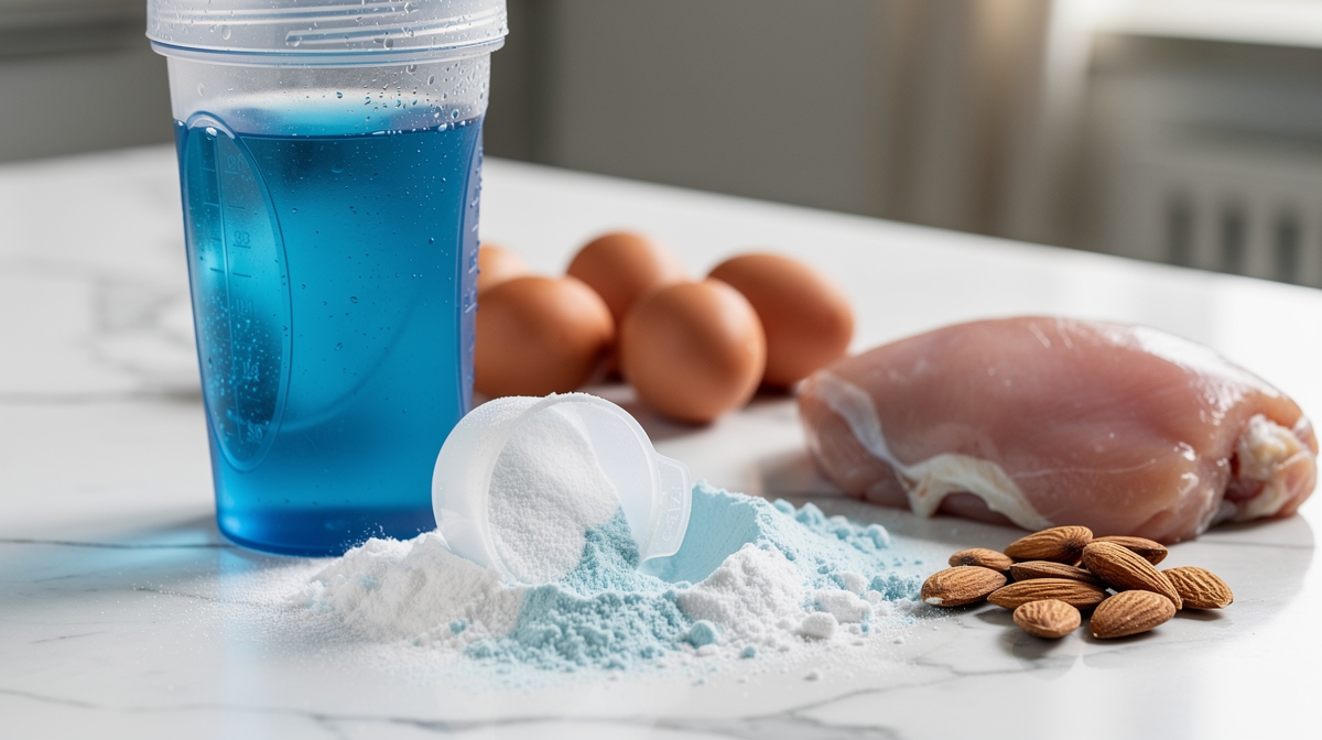 Shaker med blå dryck, BCAA-pulver, ägg, kyckling och mandlar på vit marmor