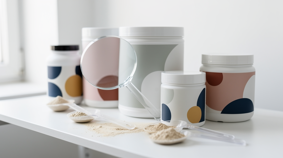 Olika BCAA-produkter, burkar och mätskopor på hylla med förstoringsglas