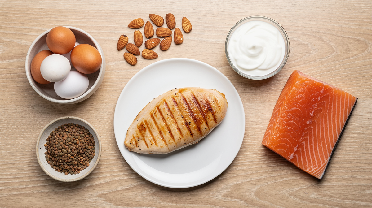 Proteinrika livsmedel som ägg, kyckling, yoghurt och linsör på träbord