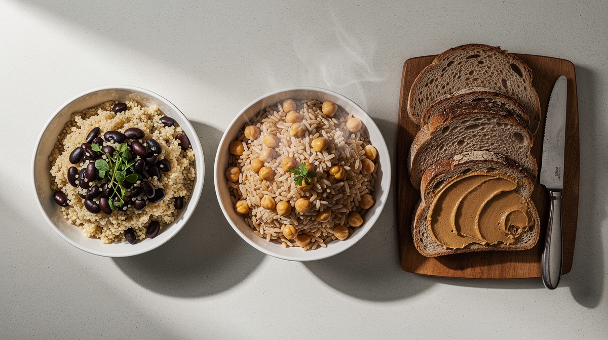 Komplementära proteinpar: ris med bönor, quinoa och kikärtor i skålar