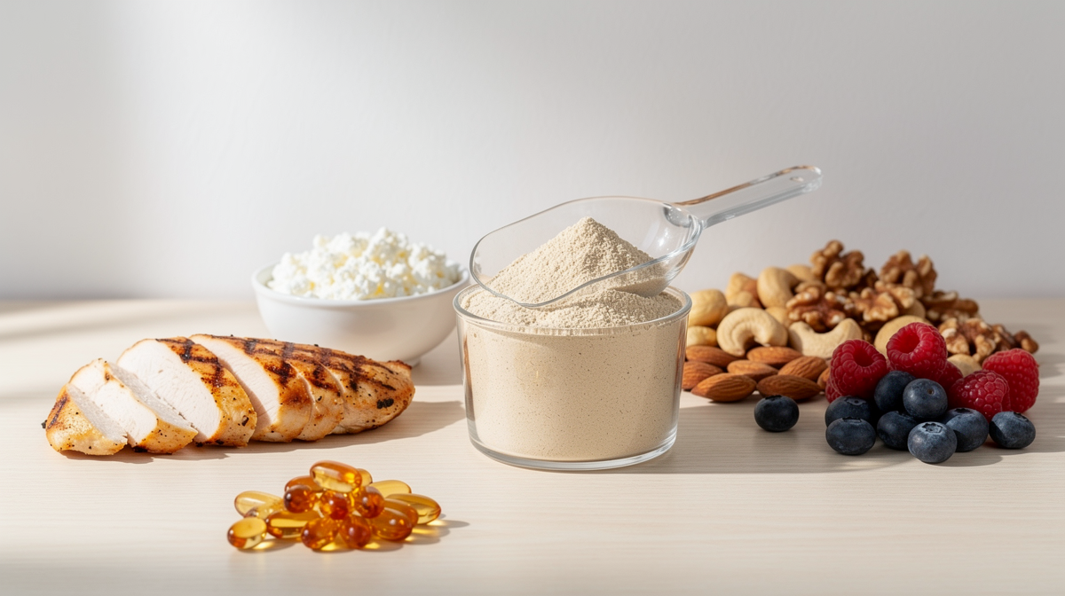 Proteinpulver och kapslar bredvid naturlig mat som kyckling och nötter