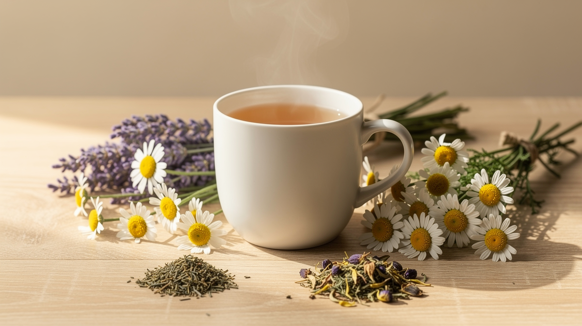 Varm kopp örtte omgiven av kamomill, lavendel och passionsblomma på trä
