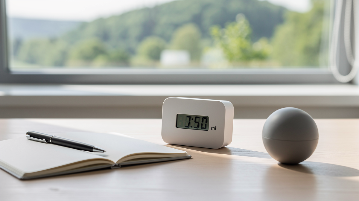 Skrivbord med timer, anteckningsbok, stressball och naturutsikt