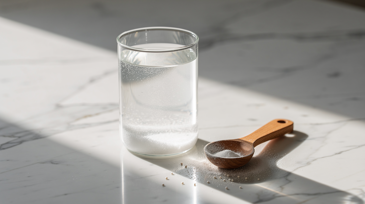 Glas med vit pulveruppslösning och träsked på marmorbord