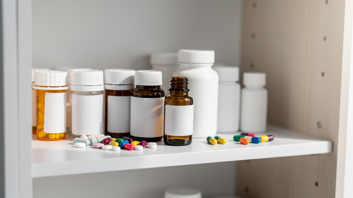 Läkemedelsburk och andra mediciner på hylla med rosmarinolja