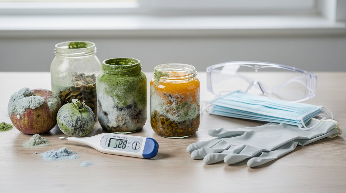 Glasburkar med fermenterande surkål och kimchi på en träbänk i mjukt dagsljus