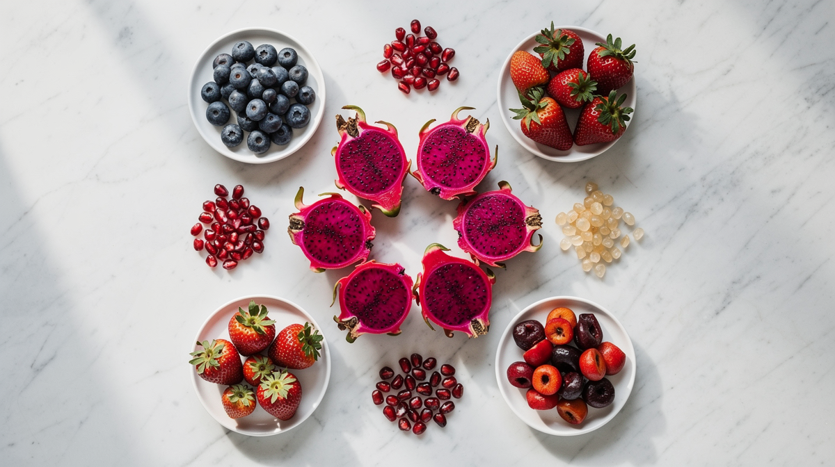 Halverad drakfrukt med rosa fruktkött och svarta frön på en ljus tallrik