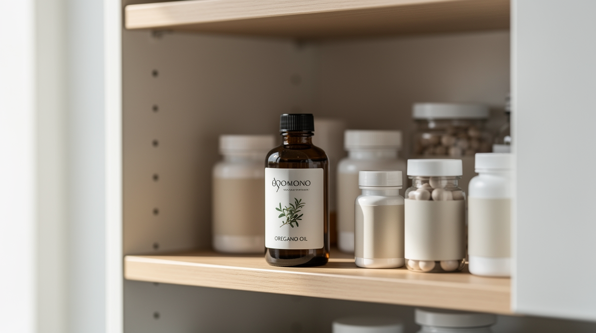 Färska oreganokvistar och en mörk glasflaska med oreganoolja på stenyta