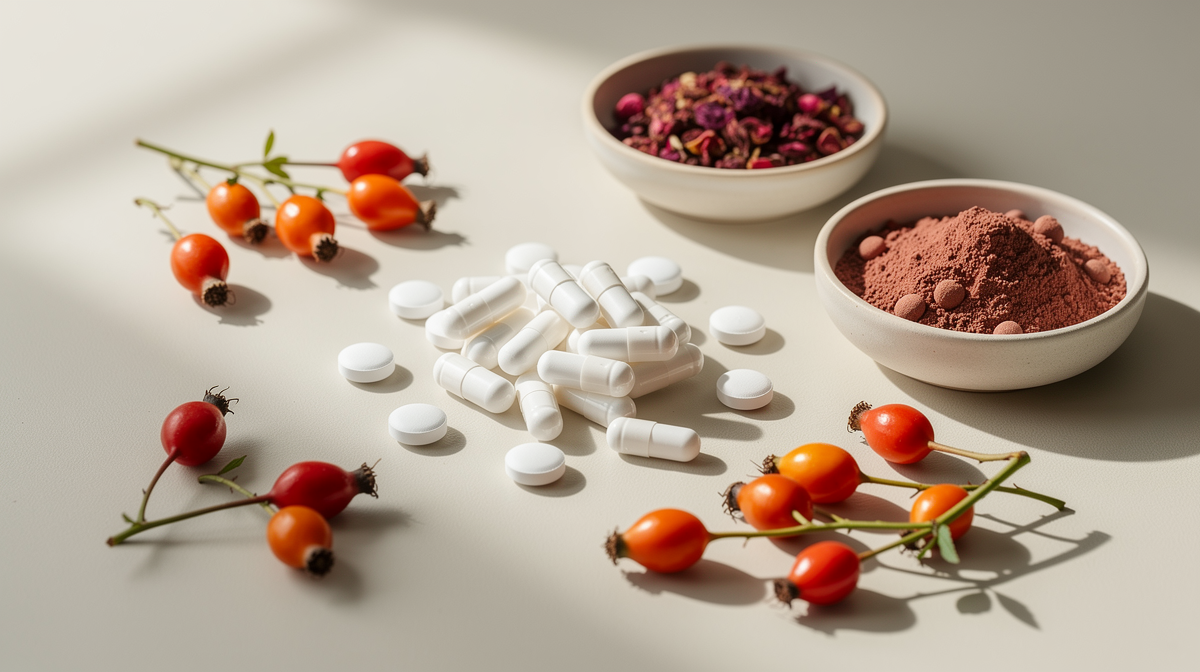 Skål med rött nyponpulver bredvid färska hela nypon på träbord