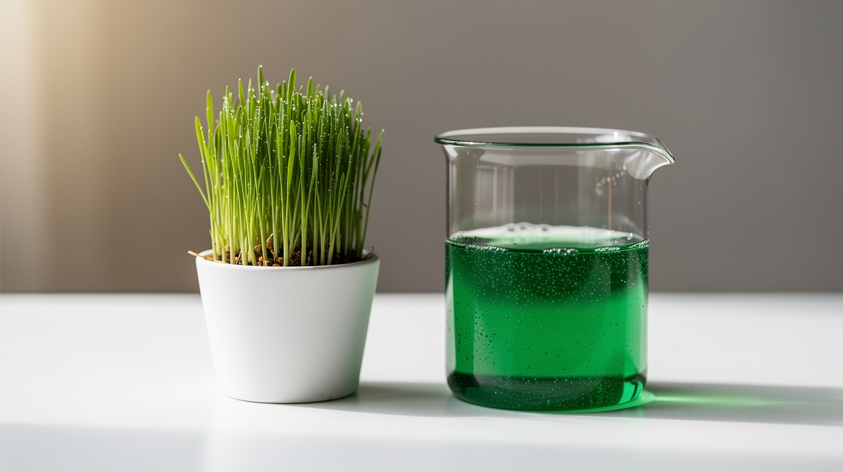 Glas med grönt klorofyllvatten och färskt vetegräs
