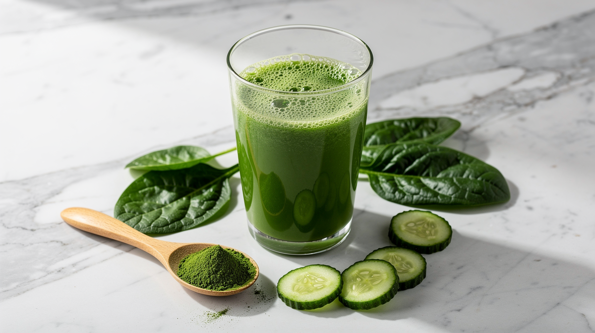 Grön smoothie med spenat och gröna pulver
