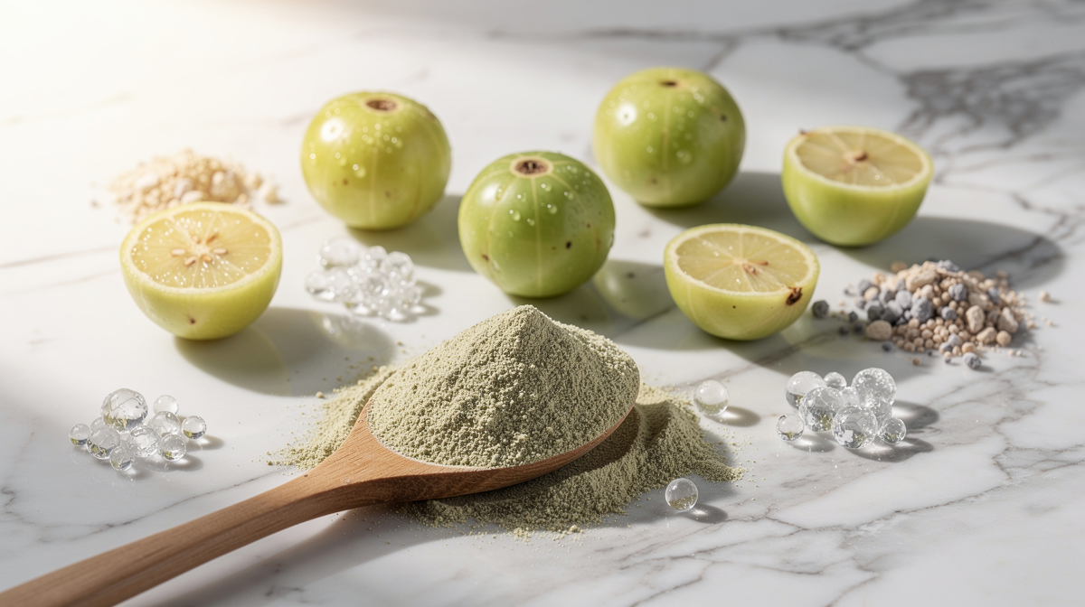 Färska amla (indisk krusbär) på en träskiva