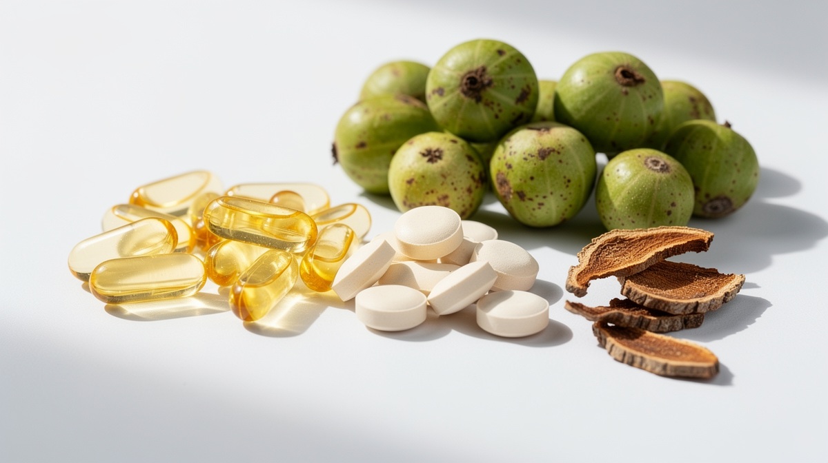 Färska amla (indisk krusbär) på en träskiva