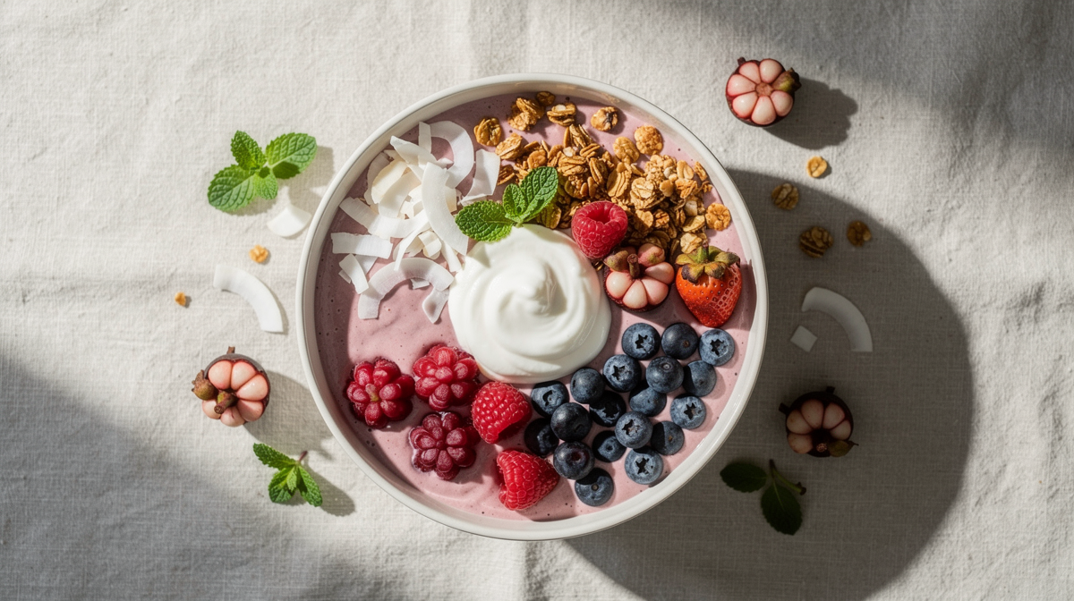 Smoothieskål med mangostan, frukt och yoghurt