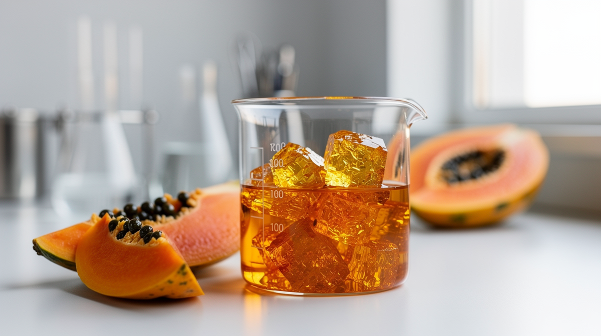 Mogen papaya delad på en träskärbräda med orange fruktkött och svarta kärnor
