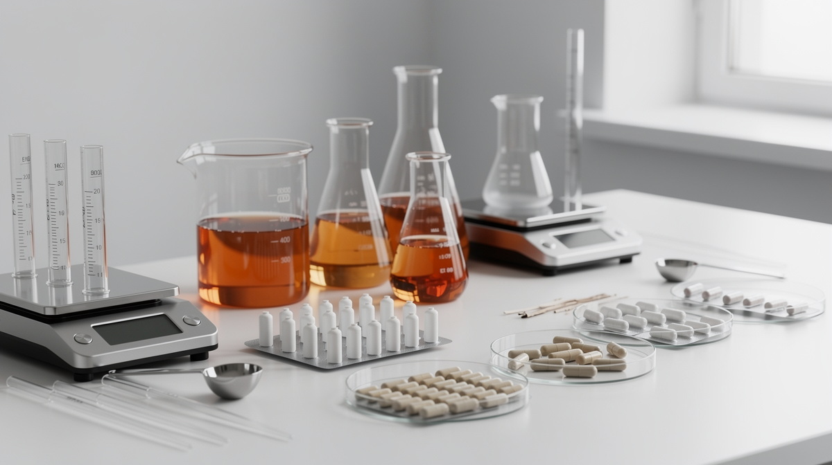 Glaskärl med vitpilextrakt, mätinstrument och kapslar i laboratoriumiljö.