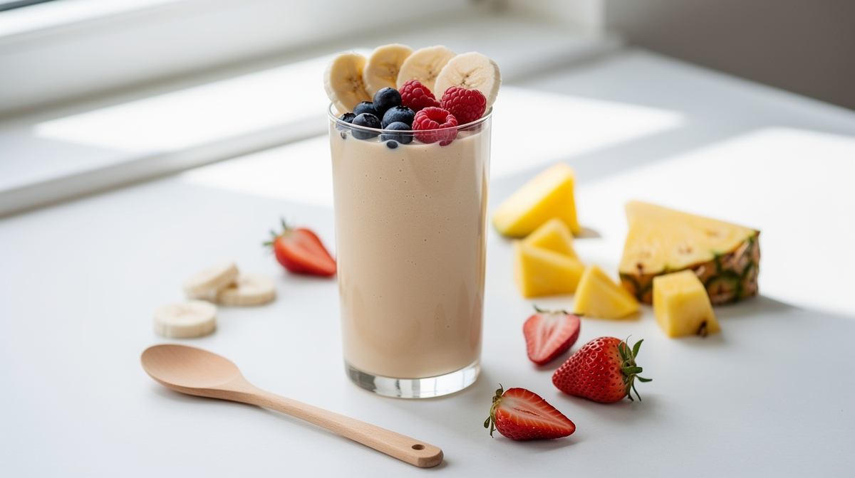 Tropisk smoothie gjord på kokosvatten med banan och bär
