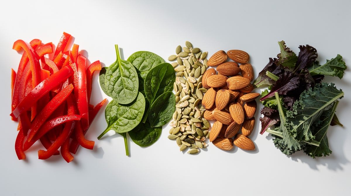Multivitamintabletter och kapslar bredvid en näringsrik frukost i mjukt morgonljus