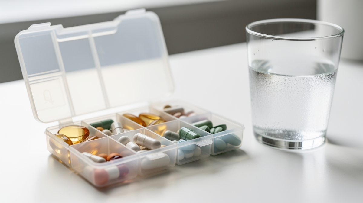 Multivitamintabletter och kapslar bredvid en näringsrik frukost i mjukt morgonljus