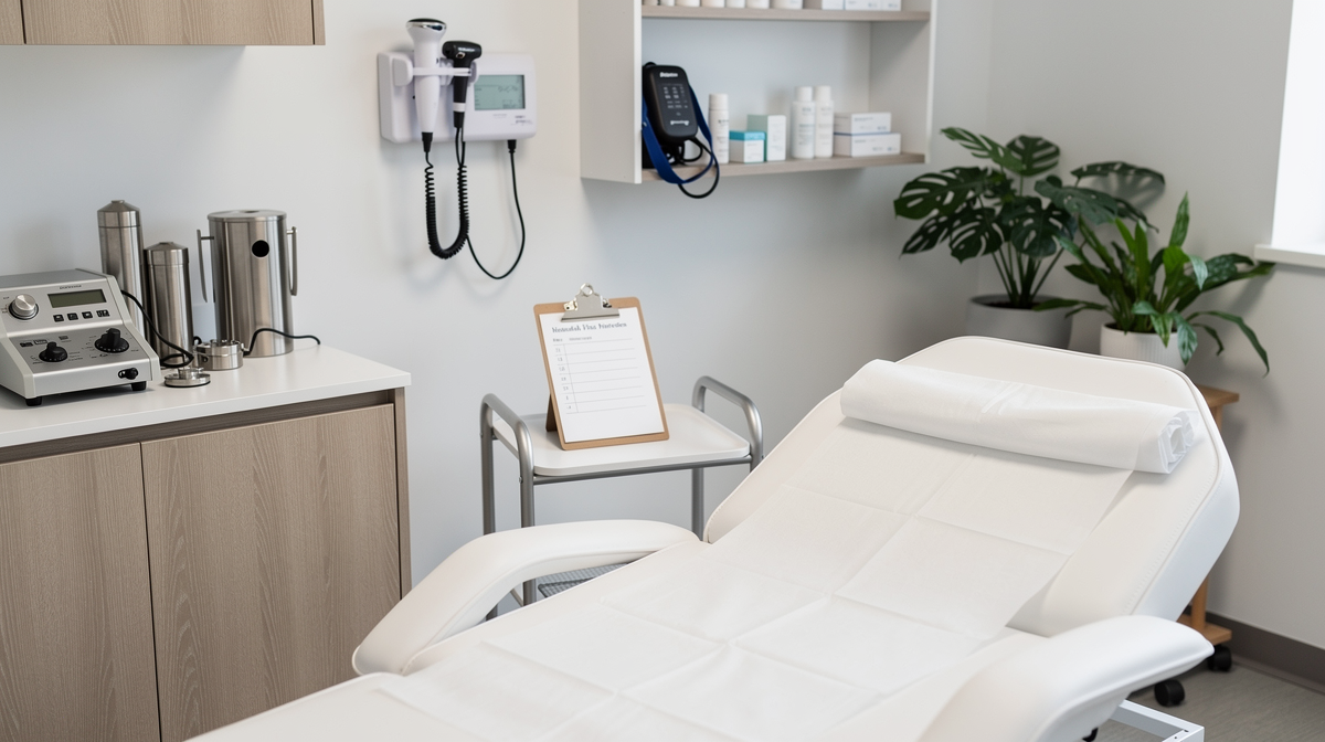Läkarkontor med undersökningsbord och medicinsk utrustning