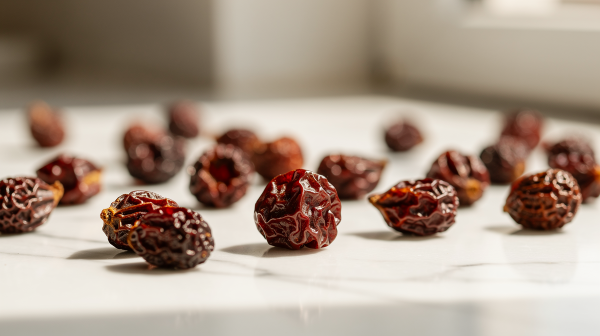 Torkade saw palmetto-bär på marmor i naturligt ljus