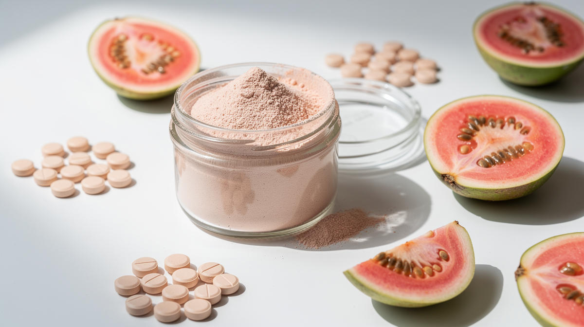 Färsk guava hel och halverad med rosa och vitt fruktkött på en träskärbräda