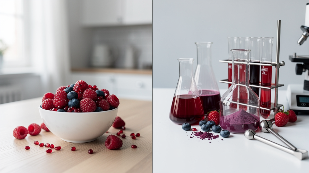 Färgglada grönsaker, bär och nötter på träbord som naturlig källa till antioxidanter