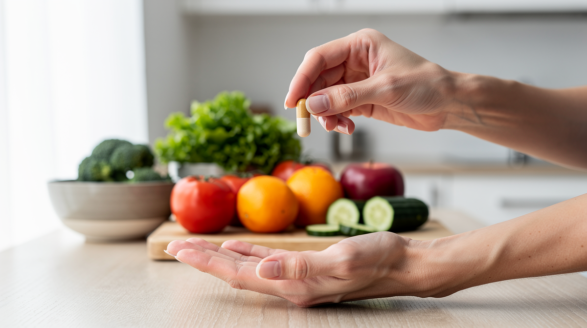 Färgglada grönsaker, bär och nötter på träbord som naturlig källa till antioxidanter